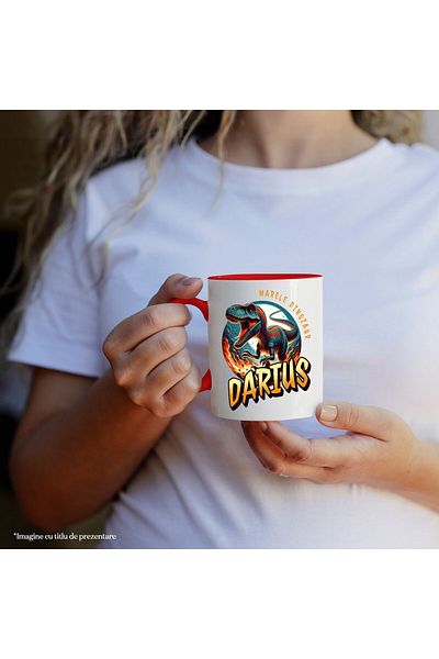 StoryGift Romania Mug with angry T-rex Dinosaur in flames, Text The Great Dinosaur Darius, Ceramic, With, STG