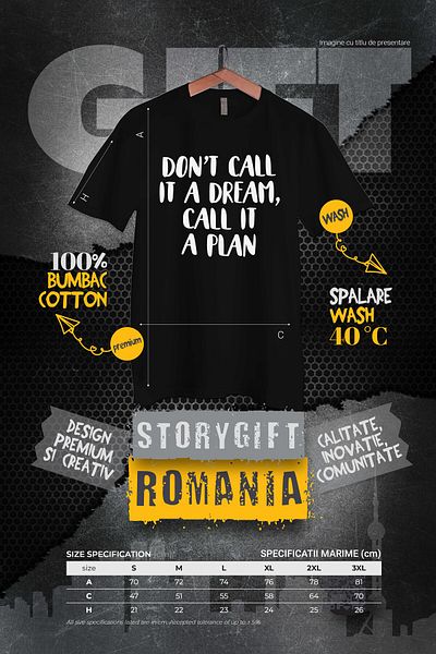StoryGift Romania Men's T-shirt with the text "Don't call it a dream, call it a plan" - ambition objectives with STG imp