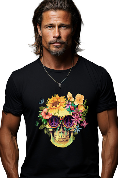 StoryGift Romania Tricou bărbătesc cu craniu înconjurat de flori, ilustrație,...