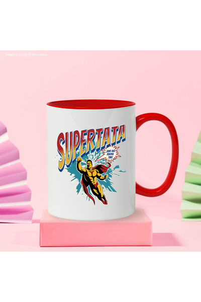 StoryGift Romania Super Dad Superhero I'm Here For You Mug, 330ml, Ceramic with Red Handle, With Handle, STG
