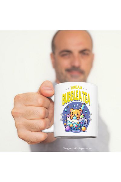 StoryGift Romania Mug with Glass Bubbles and Bear Iced Tea Text Bubble Tea, Ceramic, 330ML, with , with ,STG