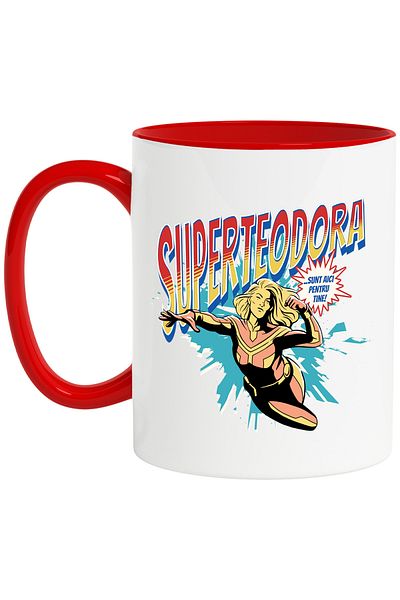 StoryGift Romania Super Teodora Mug, Superhero I'm Here for You, 330ml, Ceramic with Red Handle, With ,STG