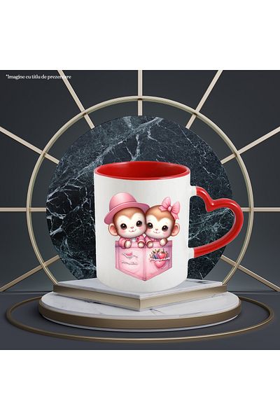 StoryGift Romania Mug with 2 monkeys sitting in pockets, illustration, colored pencils, hat,, With ,STG