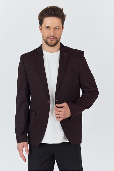 Frappoli Manzoni Men's Burgundy Polyester Fabric Mono Collar Slim Fit Blazer Jacket