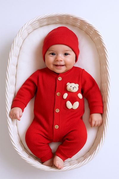 HÇM Baby Jumpsuit with Hat Gift Buttoned Teddy Bear Detail C32