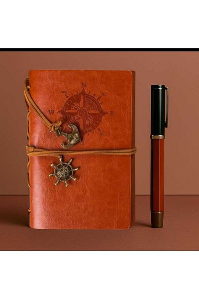 MRShopping Комплект тефтер и химикалка MR Leather Kraft Paper Compass Design, подаръчен комплект със специален дизайн