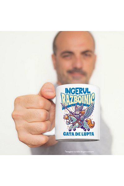 StoryGift Romania Mug with Warrior in Iron Armor on Horse, text Warrior Angel Ready to Fight, With ,STG