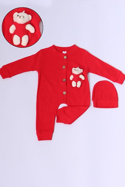 HÇM Baby Jumpsuit with Hat Gift Buttoned Teddy Bear Detail C32