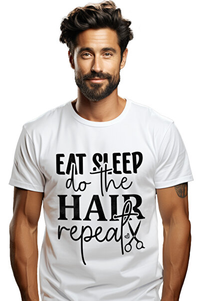 StoryGift Romania Tricou bărbătesc cu textul „mănâncă, dormi, coafează, repet...