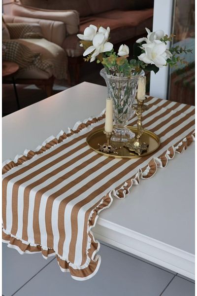 vintagetasarım Runner Striped Frilly Vintage Brown Duck Linen 40X130