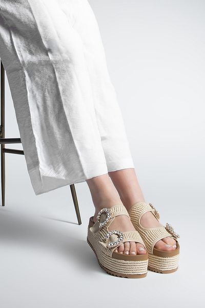 Marjin Damen-Hausschuhe aus Stroh mit dicker Sohle und doppeltem Band, Fivora Beige, Stroh
