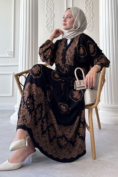 InStyle Gold Ethnic Pattern Black Viscose Dress