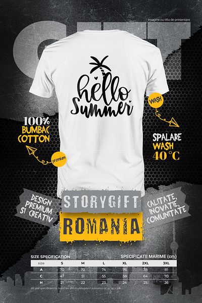 StoryGift Romania Men's T-shirt with hearts and palm tree with the greeting "Hello, summer" - good summer with STG print
