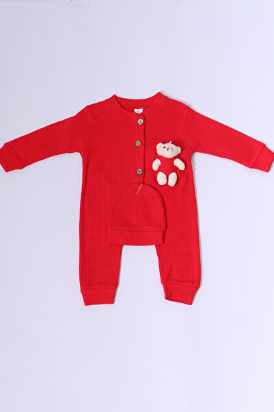 HÇM Baby Jumpsuit with Hat Gift Buttoned Teddy Bear Detail C32