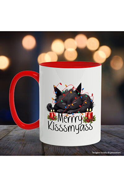 StoryGift Romania Mug with a kitten tangled in lights with the message "Merrry Kisssmyass", Christmas fe, With ,STG