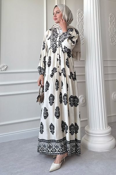 InStyle Polka Dot Ethnic Pattern Ecru Viscose Dress