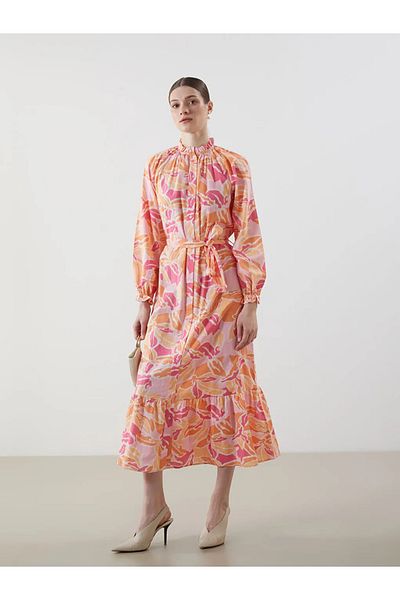 LC Waikiki LCW Modest Mixed Ruffle Stand Collar Floral γυναικείο πουκάμισο φόρεμα