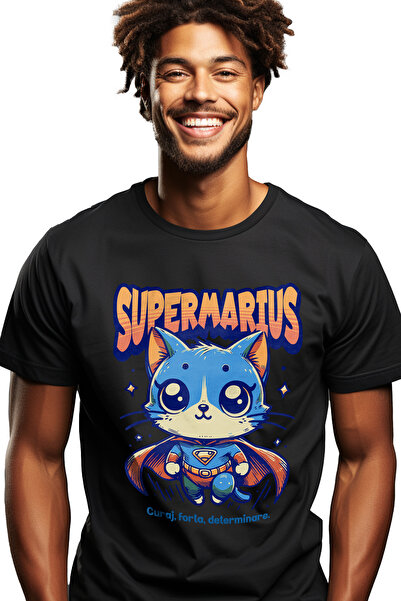 StoryGift Romania Tricou bărbătesc Super Marius, Supererou, Pisică Zburătoare...