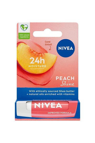 NIVEA Lip Care Cream and Lip Gloss 4.8gr, Peach Scent, 24 Hour Moisturizer, Light Pink Shine