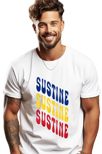 StoryGift Romania Men's T-Shirt The Word Sustine, in the Colors of the Romanian Flag, Red, Yellow, Blue, TSTG