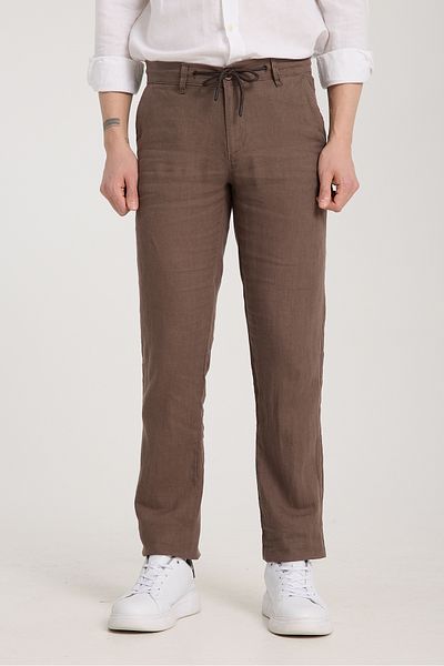 muzzo jeans Brown 100% Linen Trousers with Elastic Waist