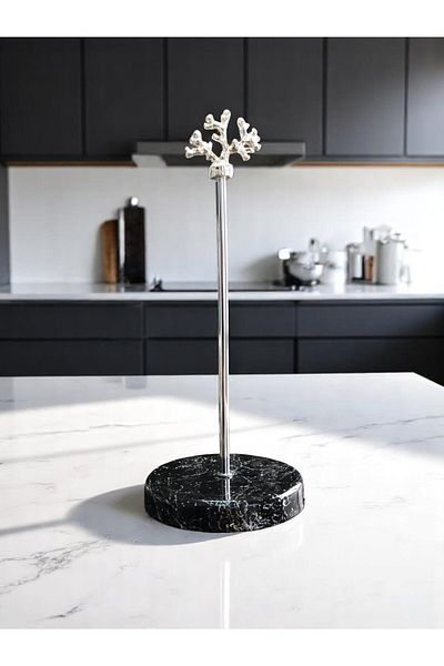 ferayhome Paper Towel Holder Roll Napkin Holder Kitchen Accessory Ceramic Black Marble Silver - Feray Home