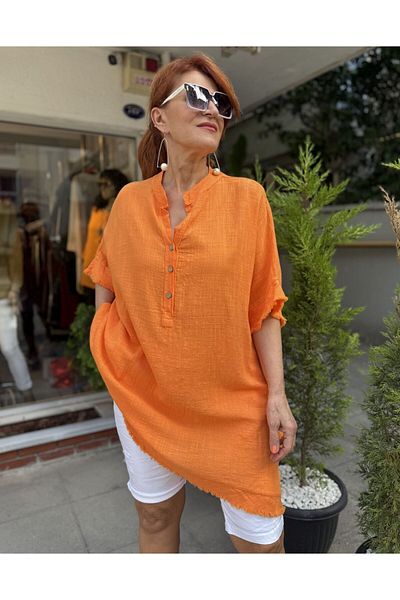 DenizEge Italian Tasseled Linen Textured Dress Orange