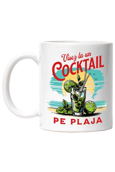 StoryGift Romania Mug with Cocktail Glass on the Beach Sunset Mint Text I Dream of a Cocktail, With ,STG