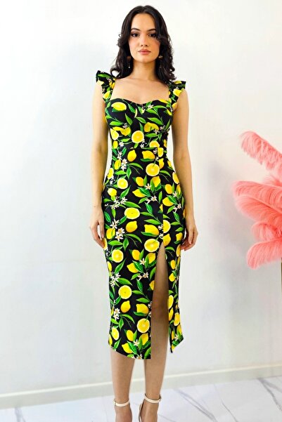FashionForYou Εφαρμοστό φόρεμα με βαθιές σχισμές και λεμονί στάμπα, Μαύρο