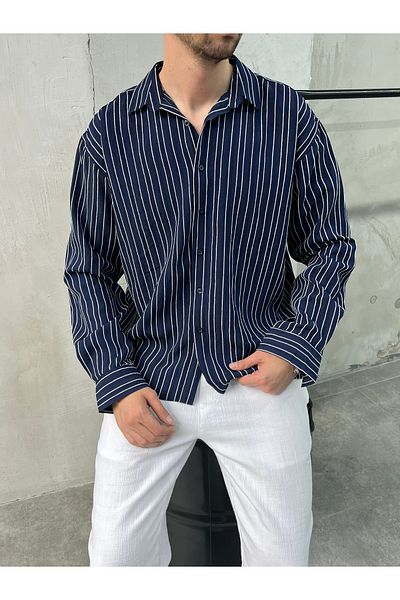 DİFRANSEL Ριγέ Modal Oversize Navy Blue πουκάμισο