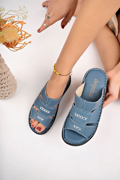 Deripabuc Blaue Damen-Hausschuhe aus echtem Leder – Dp62-0213