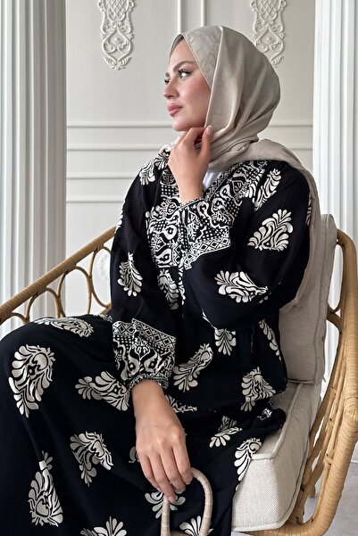 InStyle Puantiyeli Etnik Desen Siyah Viskon Elbise