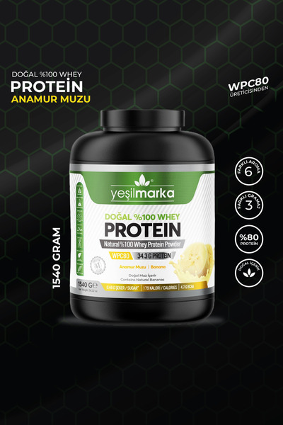 yeşilmarka Natural Whey Protein Powder - Anamur Banana 1540g - Contains only 80% Protein Containing Whey Protein