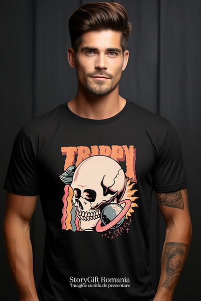 StoryGift Romania Men's T-Shirt With Trippy English Message, Skull, Sun, Planet, Spaceship, with STG print