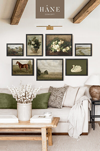 Hane Concept Vintage Çerçeveli 7'li Tablo Seti, Galeri Duvarı, Çiçek ve Orman Baskılı Tablo, Çiftlik Evi Tarzı