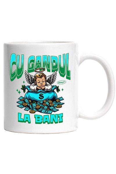 StoryGift Romania Mug with Baby Angel with wings sleeping on a bag of money, gold text thinking about money,, With ,STG