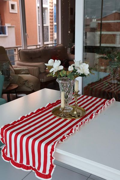 vintagetasarım Runner Striped Ruffled Vintage Red Duck Linen 40X130Cm