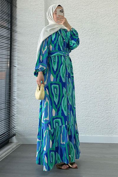 MELEK ARAZ Rochie din viscoză cu curea cu model pastel-albastru