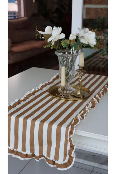 vintagetasarım Runner Striped Frilly Vintage Brown Duck Linen 40X130