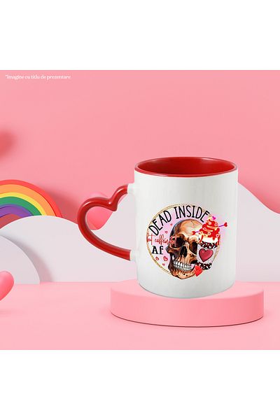 StoryGift Romania Mug with a skull and a cup of coffee with the message "Dead inside, but caffeinated, With,STG