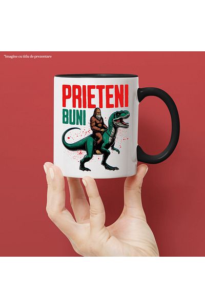 StoryGift Romania Mug with Brown Animal BigFoot Riding a T-rex Dinosaur, Text Good Friends, Wax, With ,STG
