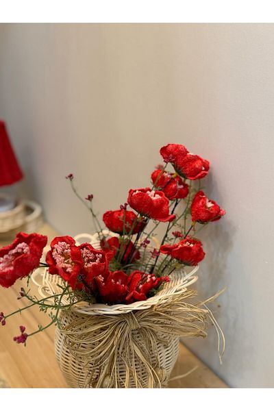 Maison Avf Set of 2 Rattan Handmade Vase & Red Poppy