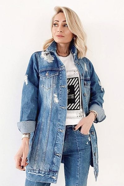 FashionForYou Jachetă lungă din denim Disonia, cu perforații pe toată croiala, mărimea M