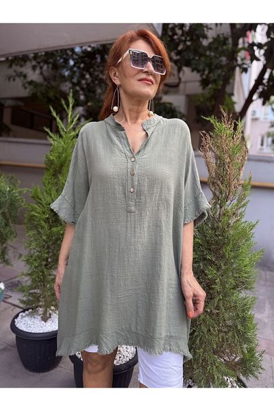 DenizEge Italian Tasseled Linen Textured Dress Khaki