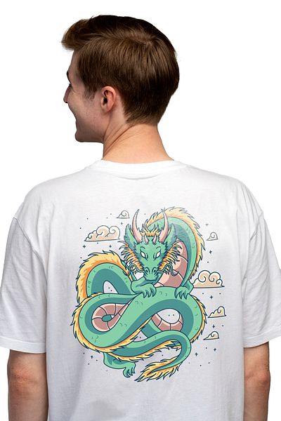 StoryGift Romania Tricou bărbătesc cu dragon, nori, asiatici, stele, cu imprimeu pe spate, 100% bumbac, alb, mărimea L