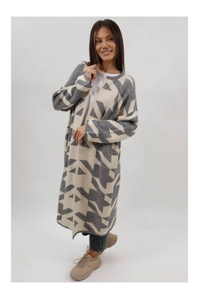 Lamiar LONG KNITTED CARDIGAN WITH POCKET WITHOUT CLOSURE AKADIA UNIQUE WAIST Gray
