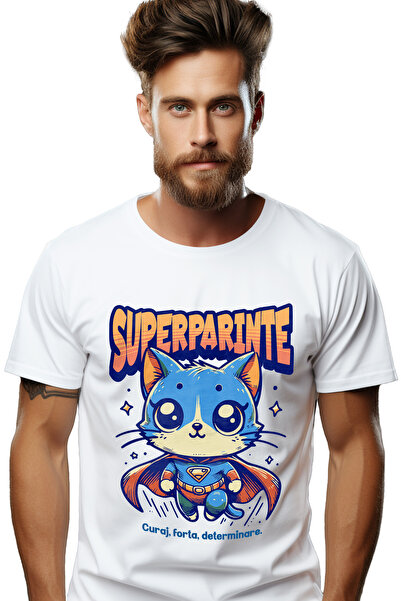 StoryGift Romania Tricou bărbătesc Super Parent, Superhero, Flying Cat cu imp...