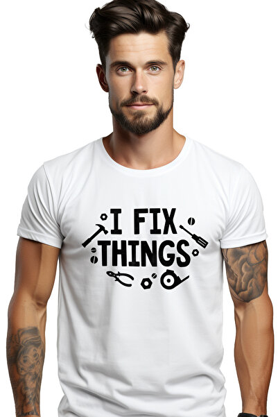 StoryGift Romania Tricou bărbătesc cu unelte și mesajul în engleză „i Repair Things” - I Repair Things With Printstg