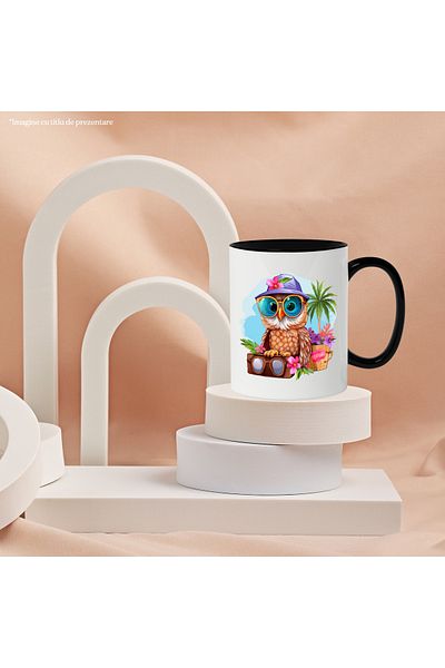 StoryGift Romania Mug with an owl with a hat and sunglasses, summer, vacation, relaxation, conc, With ,STG