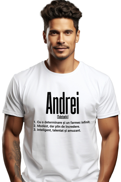 StoryGift Romania Tricou bărbătesc cu nume Andrei, Determinare, Modest, Intel...